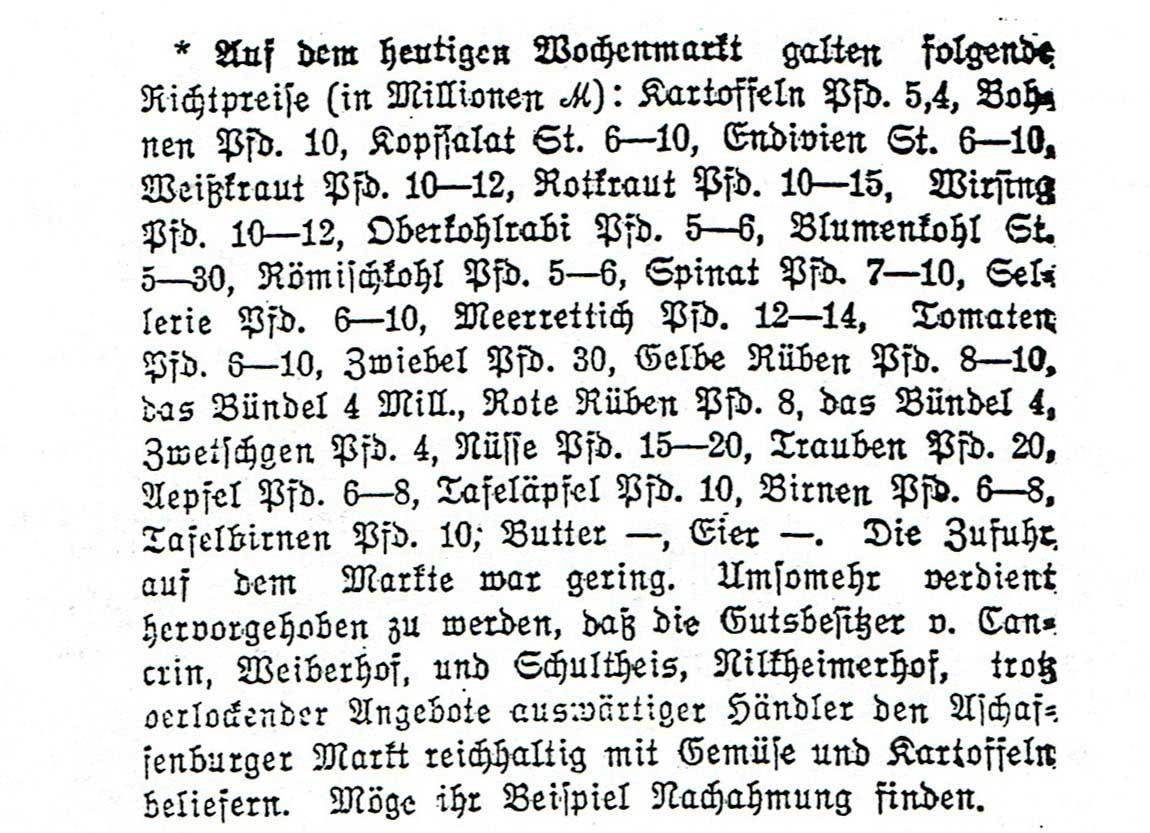 Marktbericht in der Aschaffenburger Zeitung vom 13. Oktober 1923, aus: (Mitteilungen … S. 404)